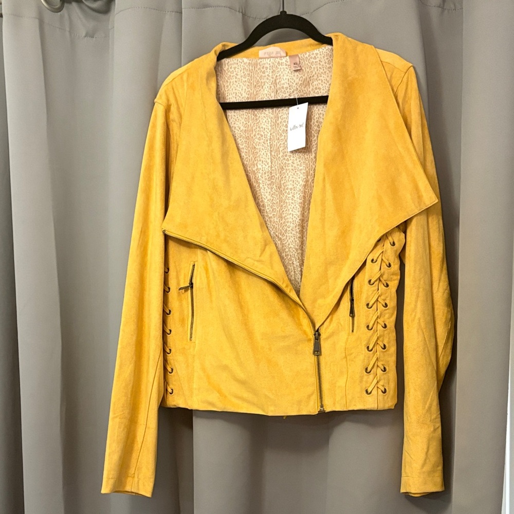 Faux Suede Lace-Up Moto Jacket in Mustard Yellow